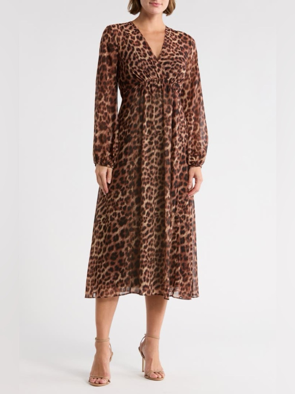 DKNY Chiffon Leopard Print Blouson Sleeve Empire Waist Dress - Picture 7 of 16